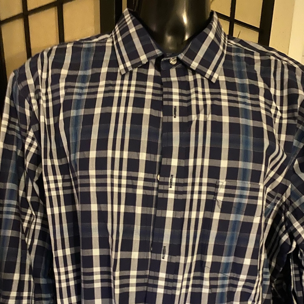Tasso Elba Navy and White Plaid Button-Down Shirt